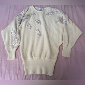 80s Elegant Cream Sweater with Embroidered Beaded Pearl Leaf Accents